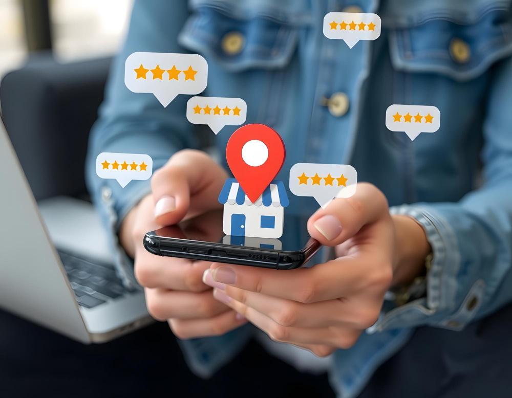 Interface minimalista mostrando estrelas e comentários de clientes em tela de computador