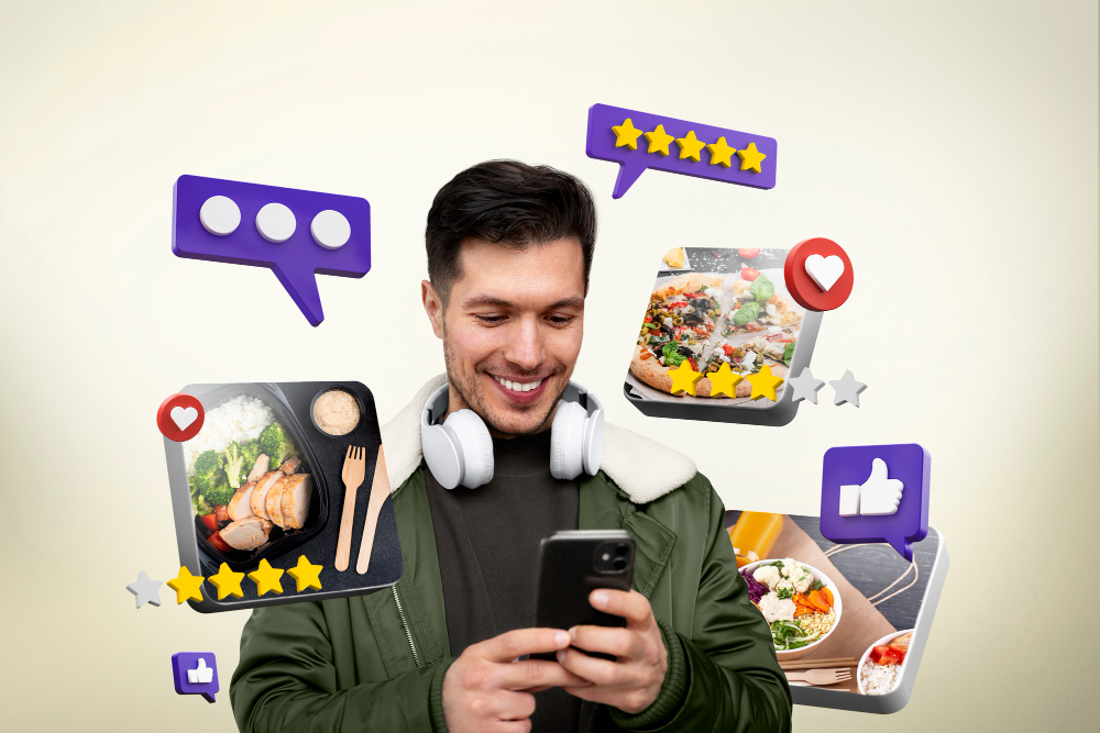 Profissional enviando link de avaliação em dispositivo móvel em ambiente de trabalho moderno